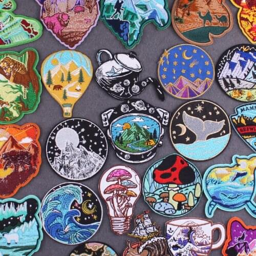 Adventure Clothing Stickers Wilderness Embroidered Patches For Jacket DIY Mountain Sea Wave Iron On Patches On Clothes Stripes