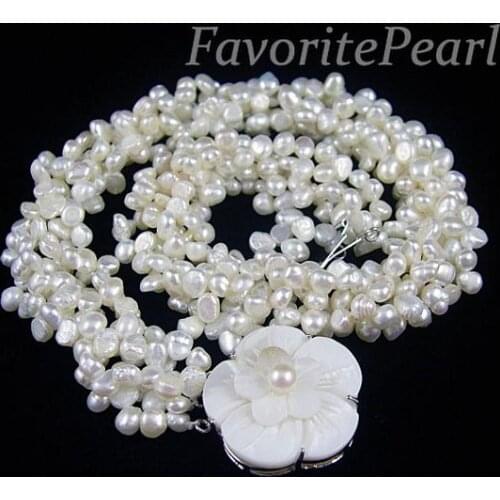 New Arrival Favorite Pearl Necklace Five Rows White Color Baroque Genuine Freshwater Pearl Wedding Necklace Shell Flower Clasp