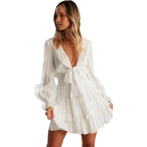OUSLEE Women White bowknot ruffle beach Lace Up Solid Color Dress Lantern Sleeve Chic Short Mini Dress V-Neck Sheer Dress