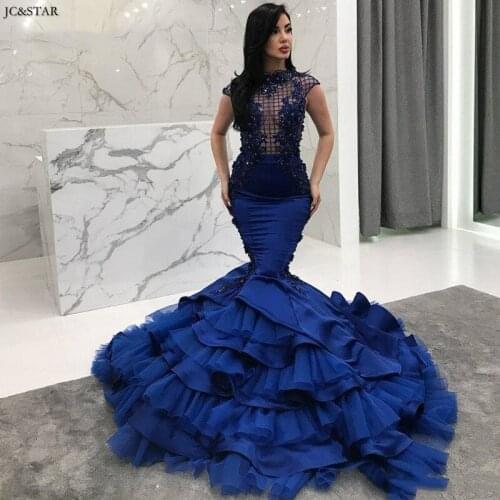 Gold Blue Mermaid Prom Dresses New Round Collar Cap sleeve 3D Appliques Satin Beaded Luxury See Custom Formal vestidos de gala