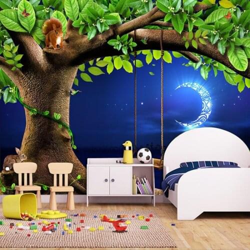 Dropship Custom 3D Photo Bedroom Living Room Wallpaper Night Sky Moon Tree Animal Squirrel Rabbit Children Room Blue Wallpaper