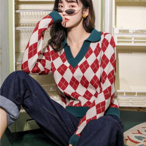 Woman Sweaters Retro V-neck Short Womens Plaid Sweater Pullover Femme Chandails Pull Hiver