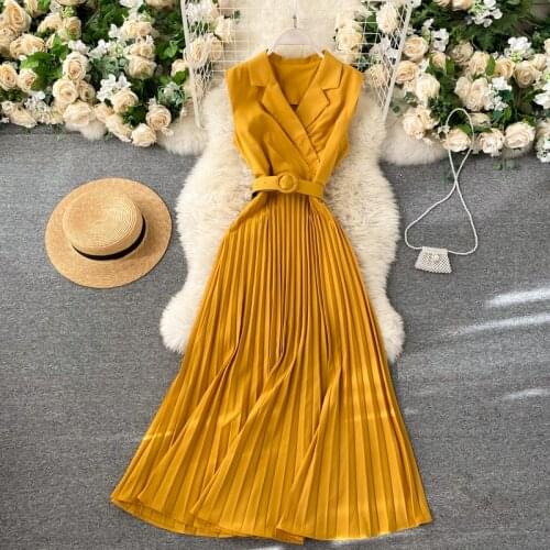 Vintage Slim notched neck bandage pleated long Dress Summer New Party OL elegant tank sundress Women tunic office Dress s762