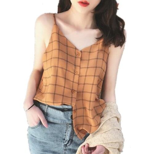 Ladies Plaid Camisole Chiffon Sleeveless Single-Breasted T-Shirt Summer New Korean Version All-Match Women Seaside Fresh Tops