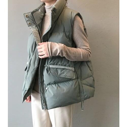 Women Stripe Patchwork Down Cotton Vest Thicken Warm Loose Sleeveless Winter Jacket Solid Color All-Match Stand-Collar Waistcoat