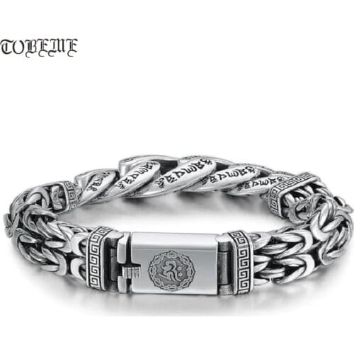 100% 925 Silver Tibetan Longevity Bracelet Tibetan Six Words Proverb Bracelet Buddhist OM Good Luck Man Bracelet