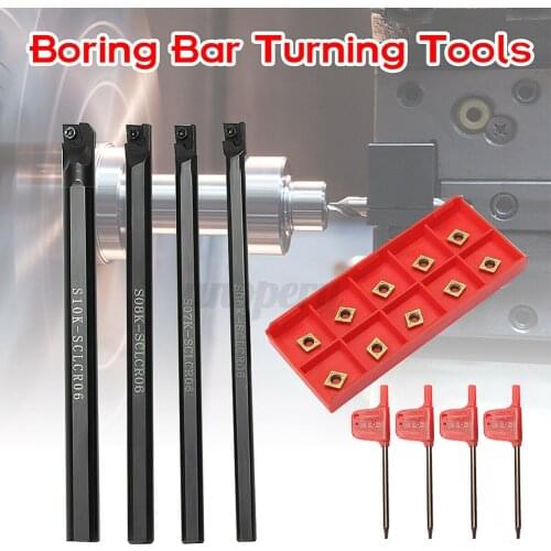 4pcs 6/7/8/10mm SCLCR06 Turning Tool Lathe Tools Holder Boring Bar Lathe Cutter Turning Rod &10pcs CCMT060204 HM Carbide Insert