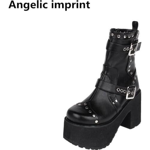 Angelic imprint mori girl Women motorcycle punk shoes lady lolita Boots woman high trifle heels pumps platform shoes rivets 10cm