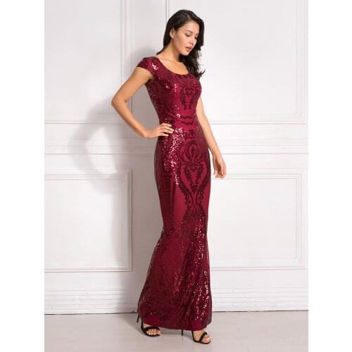 Burgundy Sequined Velvet Stretchy Party Dress V Neck Pleated Puff Sleeve Floor Length Stretchy Full Sleeved Elegant Maxi Dress