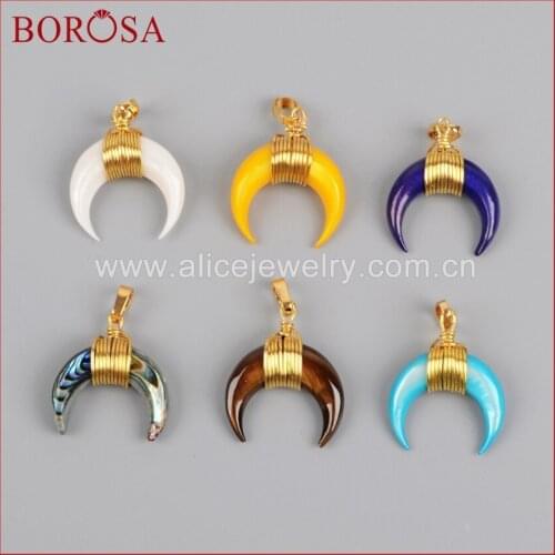 BOROSA 10PCS Rainbow Natural Shell Wire Wrap Crescent Double Horn Gold Pendant for Necklace Making Fashion Jewelry G1123