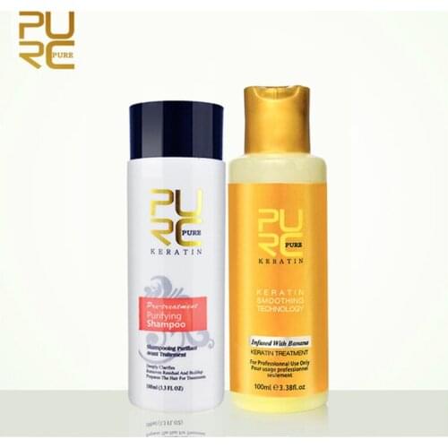 PURC 8% 100ml Banana Flavor Brazilian Keratin Treatment Straightening & 100ml Purifying Shampoo Repair Damage Frizz Dry Hair