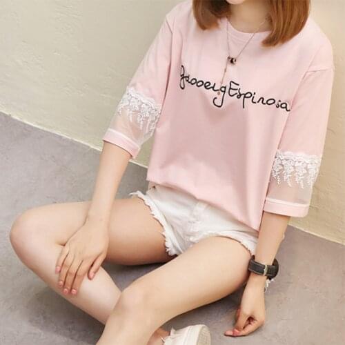 New T-shirt female new models of short sleeve T-shirt letters embroidery printing round neck collar loose Tshirt Korean Version