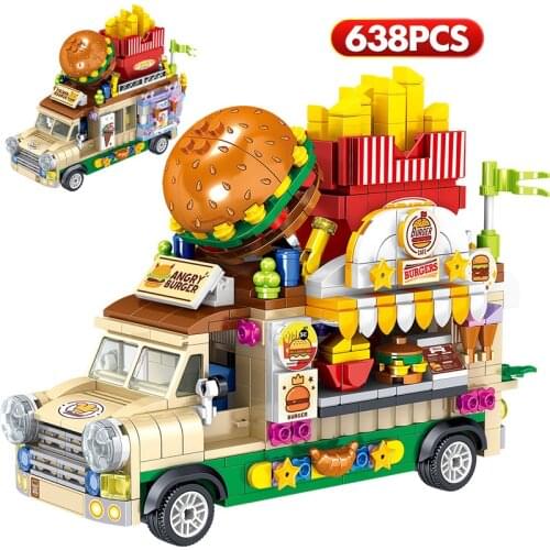 City Mini Street View Brick Hamburg Ice Cream Dessert Car Figurine Model Vehicle Education Building Block Toys For Children Gift
