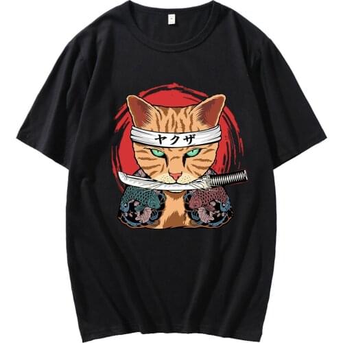 Japanese Style Cat Anime Samurai Sword Quality T Shirt Summer Cool Ptint T Shirts Street Funny Short Sleeve Top Men Rock Tshirt