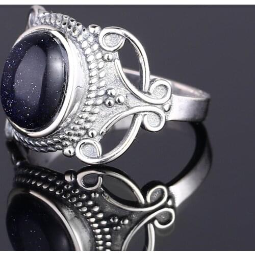 8x10MM Oval Blue Sandstone Rings for Women 925 Silver Ring Bohemia Style Fine Jewelry for Anniversary Party Gift