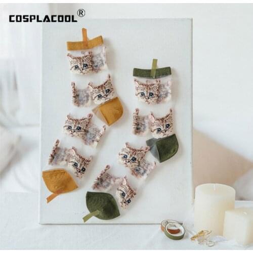COSPLACOOL Cute Transparent Embroidery Funny Socks Women Kawaii Harajuku Thin Glass Silk Socks Japanese Calcetines Mujer Sokken