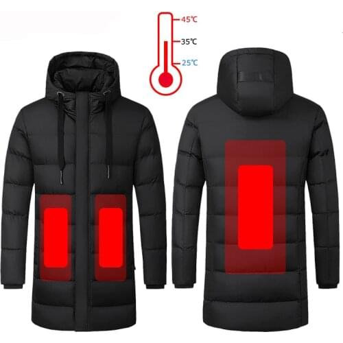 Men USB Smart Heated Hiking Jackets Women Winter Outdoor Windproof Long Coats Warm Hooded Skiing Climbing Down Cotton Overcoat