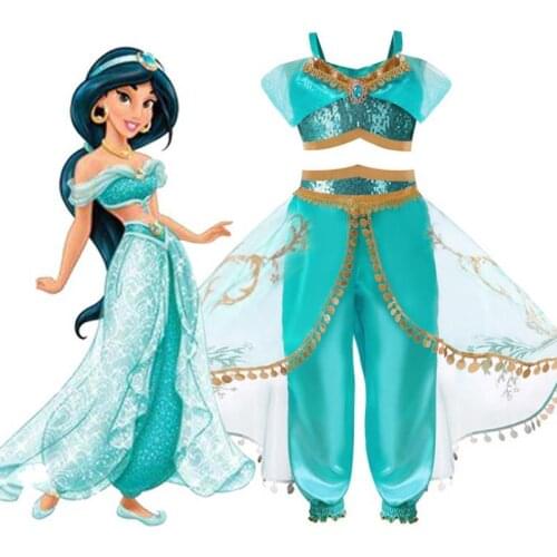 2020 Girls Jasmine Dress Up 3 Pcs Set Arabian Princess Costume Cosplay Sequined Flower Children Party Halloween Fancy 3-10Y
