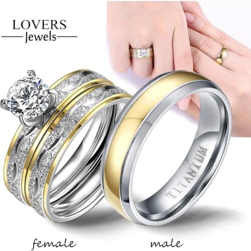 Couple Rings - Women Exquisite Rhinestones Zirconia Rings Set Simple Stainless Steel Men Ring Fashion Jewelry For Lover Gifts