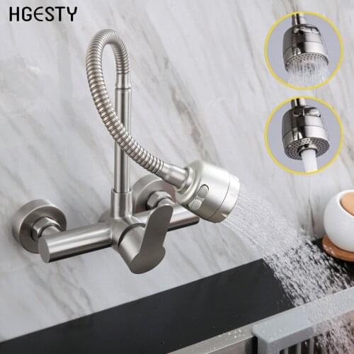 Wall Mount Kitchen Faucet Single Handle Stainless Steel Cold Hot Mixer Stream Sprayer 360 Degree Swivel Flexible Hose Dual Hole
