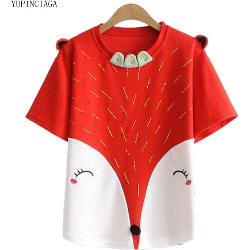2020 New Summer T Shirt Women Cartoon Fox Embroidered O-neck Kawaii Short Sleeve Harajuku T-shirts Sweet Style Girl Tops Tees
