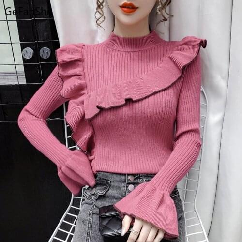 Autumn Winter 2021 Women Knitted Sweaters Pullover Ruffles Flare Sleeve Sweet Basic Sweaters Ladies Tops Knitwear Clothes