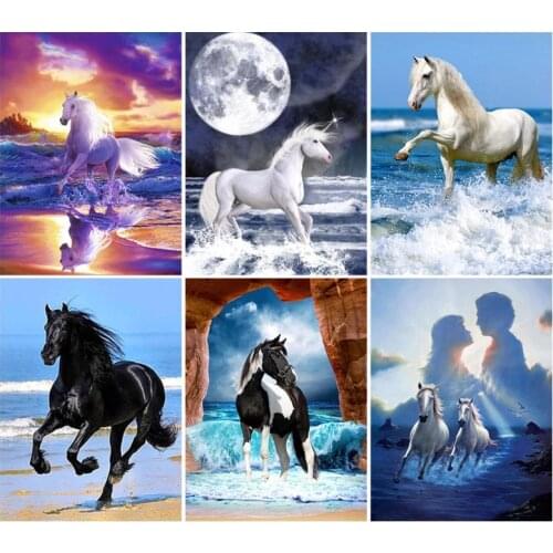PDMDOG Paint With Diamond Embroidery "Horse moon animal sea" Diamond Painting Full Square Round Picture Of Rhinestone Decor