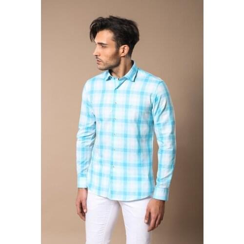 Slim Fit Plaid Patterned Ice Blue Shirt