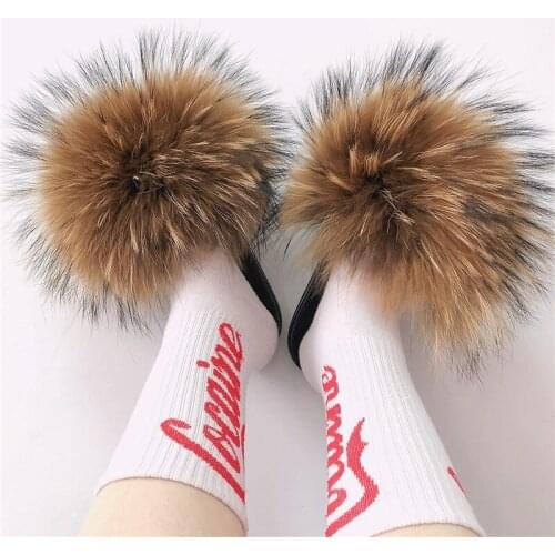 Colorful Fox Fur Slippers Ladies Fashion Fluffy Flat Sandals Female Outdoor Non-Slip Furry Flip Flops Girls Luxury Plush Slides
