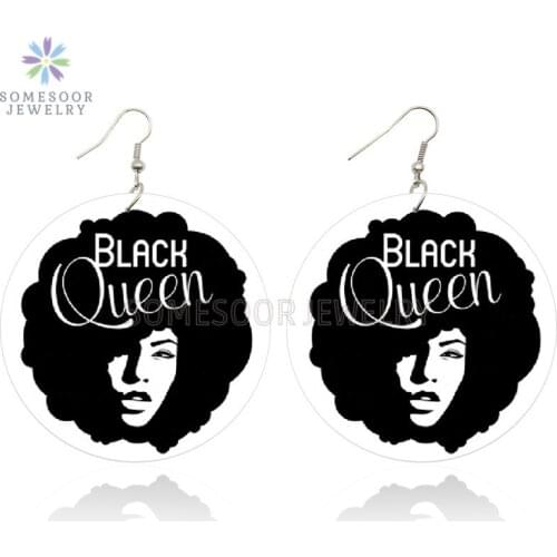 SOMESOOR Black Queen African Wood Drop Earrings Afro Natural Hair Design Both Sides Printing Jewelry For Women Christmas Gift