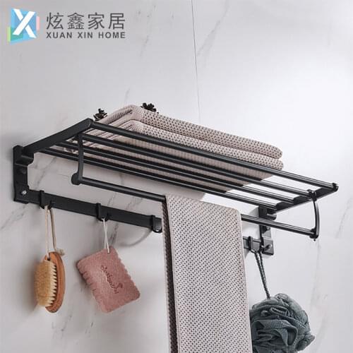 Towel Hanger Bathroom Black Aluminum Towel Holder Wall Mounted Folding Storage Shelf Restroom Rack Hook Homes Accessories Tools