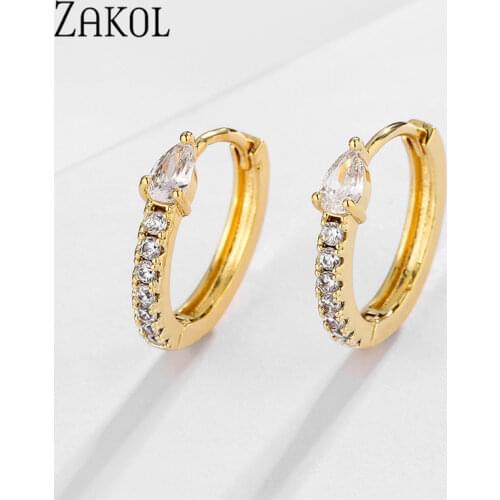 ZAKOL 2021 New Ins Trendy Teardrop Cz Zircon Crystal Gold Color Hoop Earrings Aaa Cubic Zirconia Women Party Jewelry EP2813