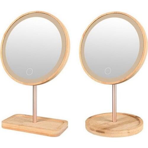 USB Charging Wooden LED Makeup Mirror Desktop Cosmetic Mirror Contact Adjustable Bright Light Beauty Mirror