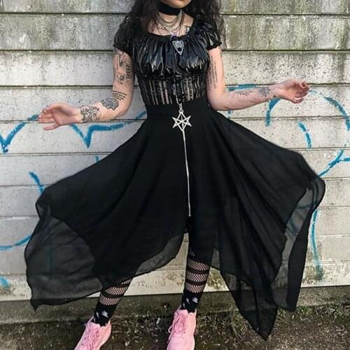 Gothic Maxi Skirt Women Summer 2019 Asymmetrical Mesh Black Streetwear Fashion Pentagram Zipper High Waist Goth Girl Long Skirts