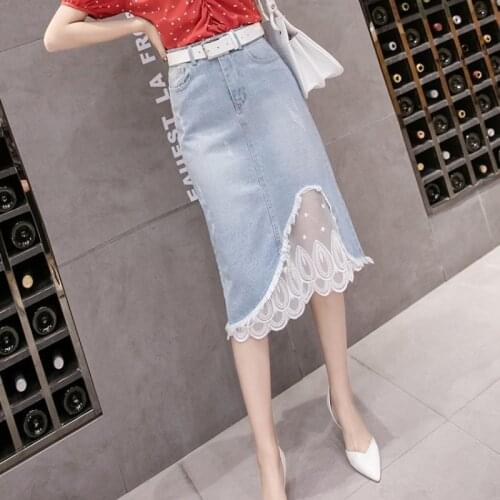 High Waist Denim Skirts Women 2020 New Fashion Ripped Hole Lace Patchwork A Line Midi Jeans Skirt Women Casual jupe jean femme