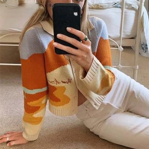 Bella Hadid Style Printed Wool Short Sweater Knitted Cardigan Tops Female Women Girls Fashion Streetwear Knit Knitwear Clothes