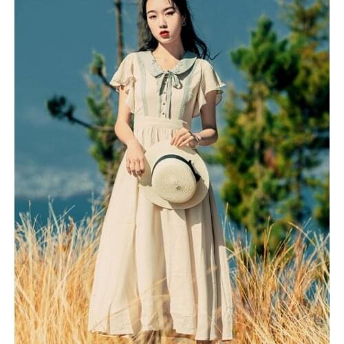 High Quality 2019 Summer New Arrival Retro Peter Pan Collar Flower Embroidery Woman Long Chiffon Dress Apricot