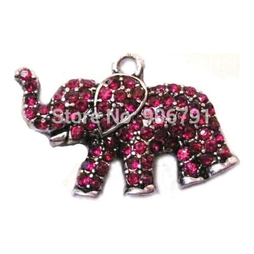 100pcs a lot antique silver plated zinc studded with sparkling Elephant Red crystal pendant
