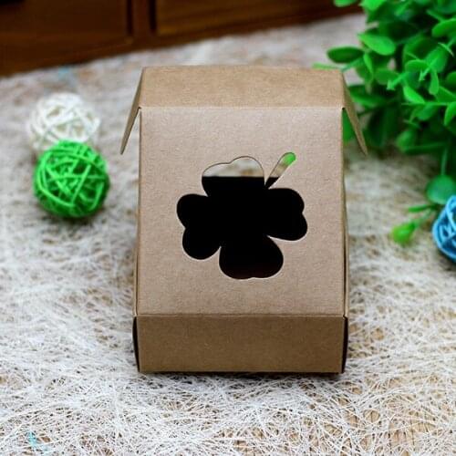 Free Shipping 6.5*6.5*3cm Four Leaf Clover Hollow Out Brown Kraft Paper Party Festival Gift Craft Handmade Soap Package Pack Box