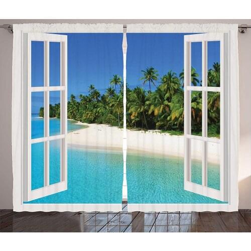 Turquoise Curtains Ocean Paradise Island View from Gazebo Palm Tree Beach Theme Pictures Arts Living Room Bedroom Window Drapes