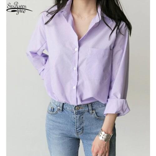 Blusas Mujer De Moda Purple Women Shirts Cardigan Long Sleeve Blouse And Tops Striped Pocket Female Ladies Shirts 7307 50