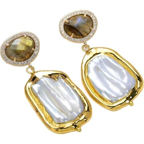 GG Jewelry natural Cultured Rectangle White Keshi Pearl Labradorite gold color plated Stud Earrings classic style for women