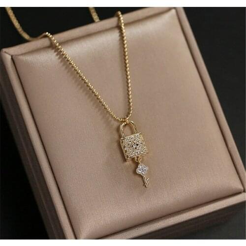 316L Stainless Steel Key Lock Pendant Titanium Steel Non-fading Necklace Full of Crystal Water Ripple Chain Ladies Necklace