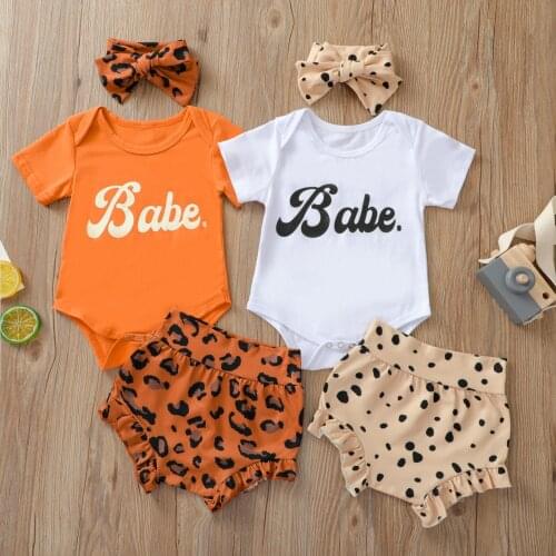 Citgeett Summer Newborn Baby Girls Outfits Letter Print Short Sleeve Romper + Ruffle Leopard Shorts + Bowknot Headband Set