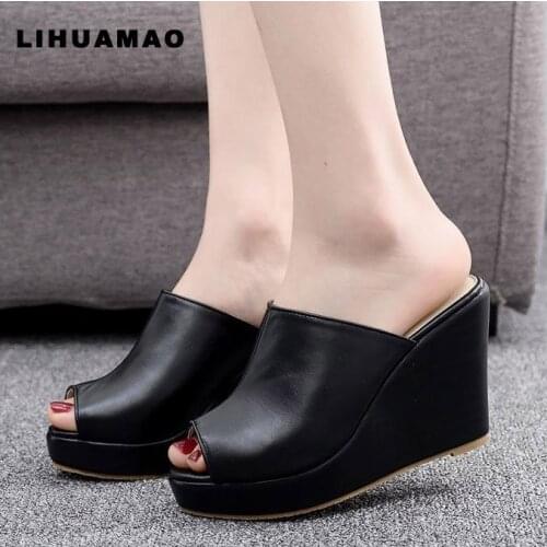 LIHUAMAO Wedges slides Women high heel slipper sandals platform casual outdoor peep toe comfortable pumps shoes