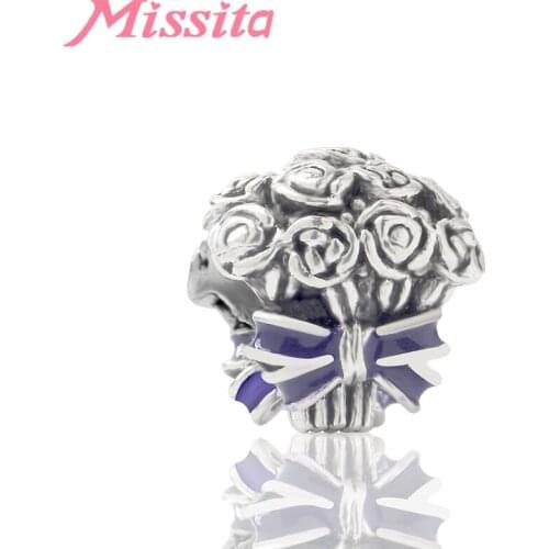 MISSITA Silver Color Metal Enamel Bow Rose Flower Bouquet Beads For Jewelry Making Fit Brand Women Bracelets Necklace