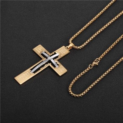 Men Cross Pendant Layered Necklace Stainless Steel Gold Color Jesus Christian Bible Verse 60cm Box Chain Necklaces Jewelry Gift