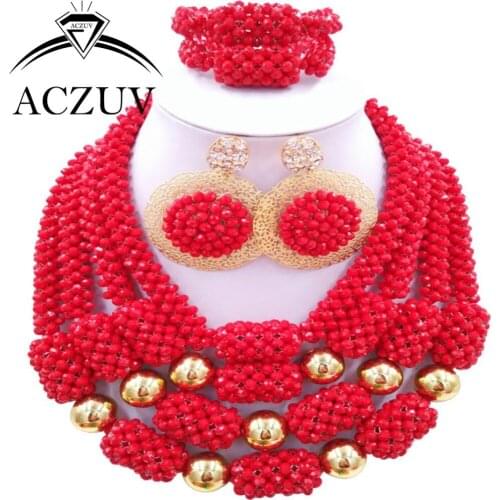 Nigerian Wedding African Beads Red Opaque Crystal Jewelry Set Luxury Bridal AN026