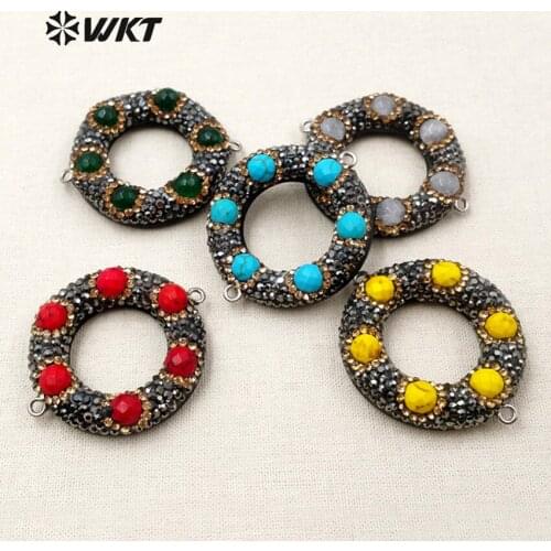 NP344 WKT Wholesale Multi-colors Options natural stone With Rhinestone Pave Beads Connector Round Shape Connector