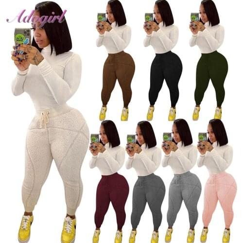 Autumn Winter Activewear Sweatpants Women Casual Solid Teddy Fleece Drawstring High Waist Sport Pants Outfit Home Thick Trousers